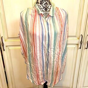 Time and Tru Size XXL (20) Pastel Rainbow Button Down Cuff Sleeve Blouse